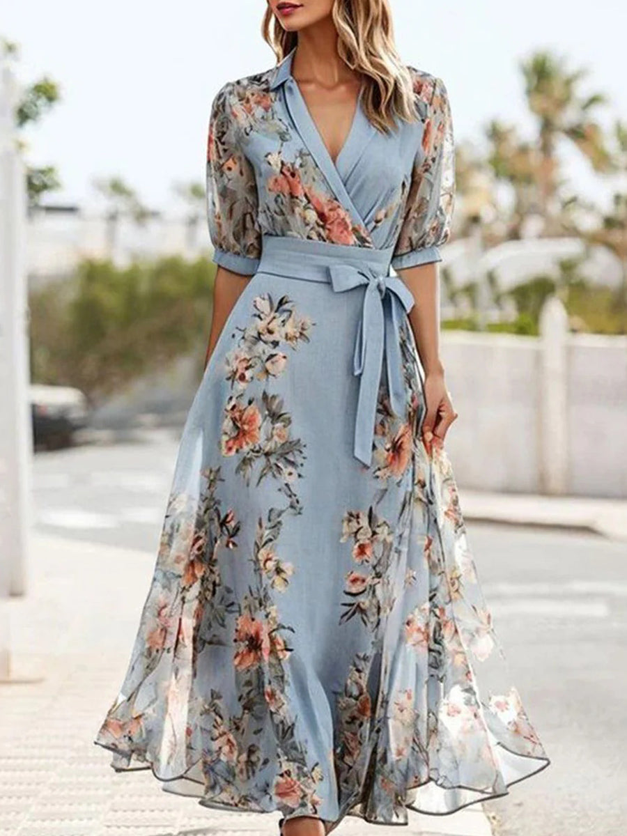 Women's Floral Wrap V-Neck Short Sleeve Chiffon Midi Dress with Belt