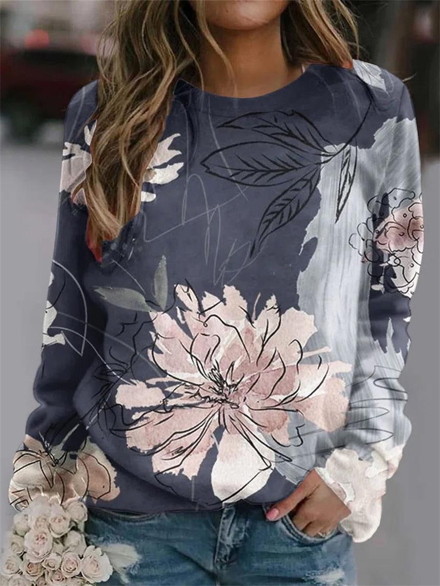 Multicolor Casual Graphic Tops Round Neck Floral Printed Long Sleeve Sweatshirts