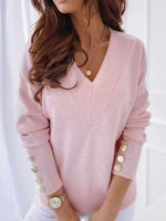 Pink Casual V Neck Solid Long Sleeve Tops