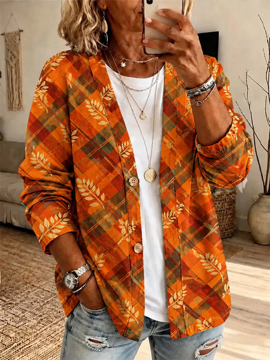 Women Outerwear Casual Printing Plaid Long Sleeve Cardigan
