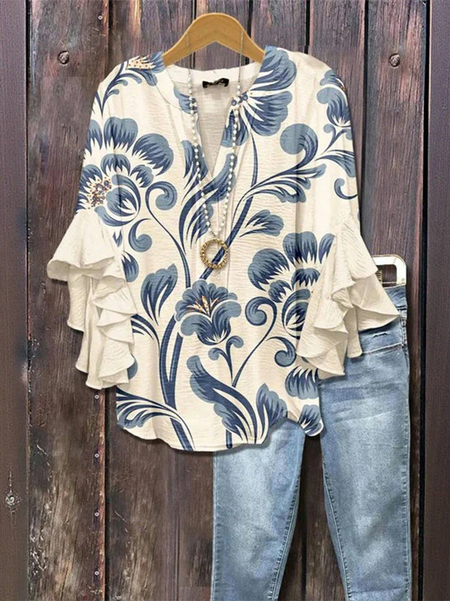 Vintage Floral Print Half Sleeve Blouse