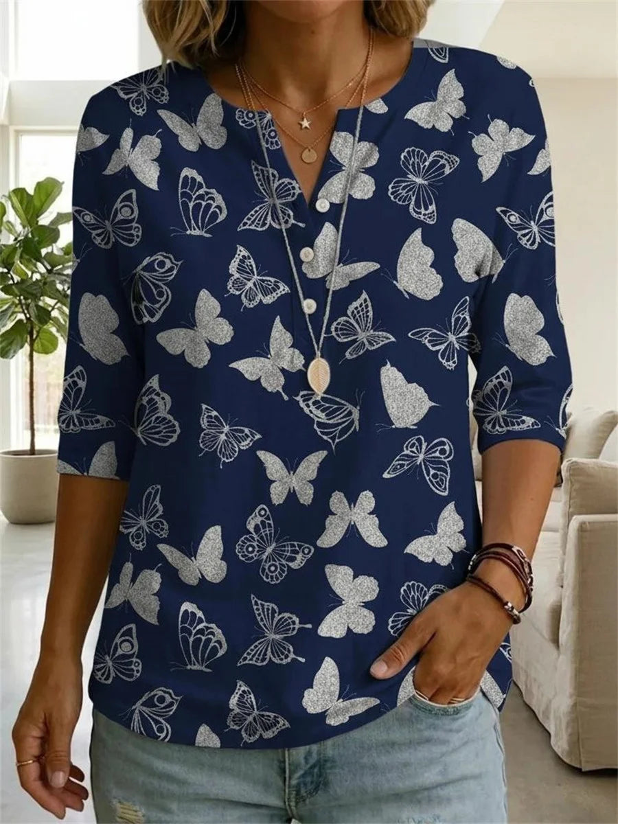 Navy Butterfly Print 3/4 Sleeve Top