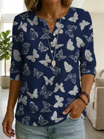 Navy Butterfly Print 3/4 Sleeve Top