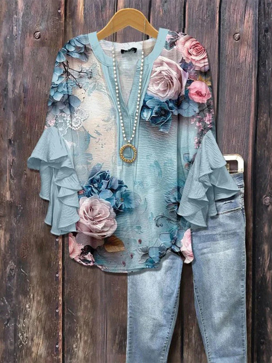 Vintage Floral Print V-neck 3/4 Sleeve Blouse