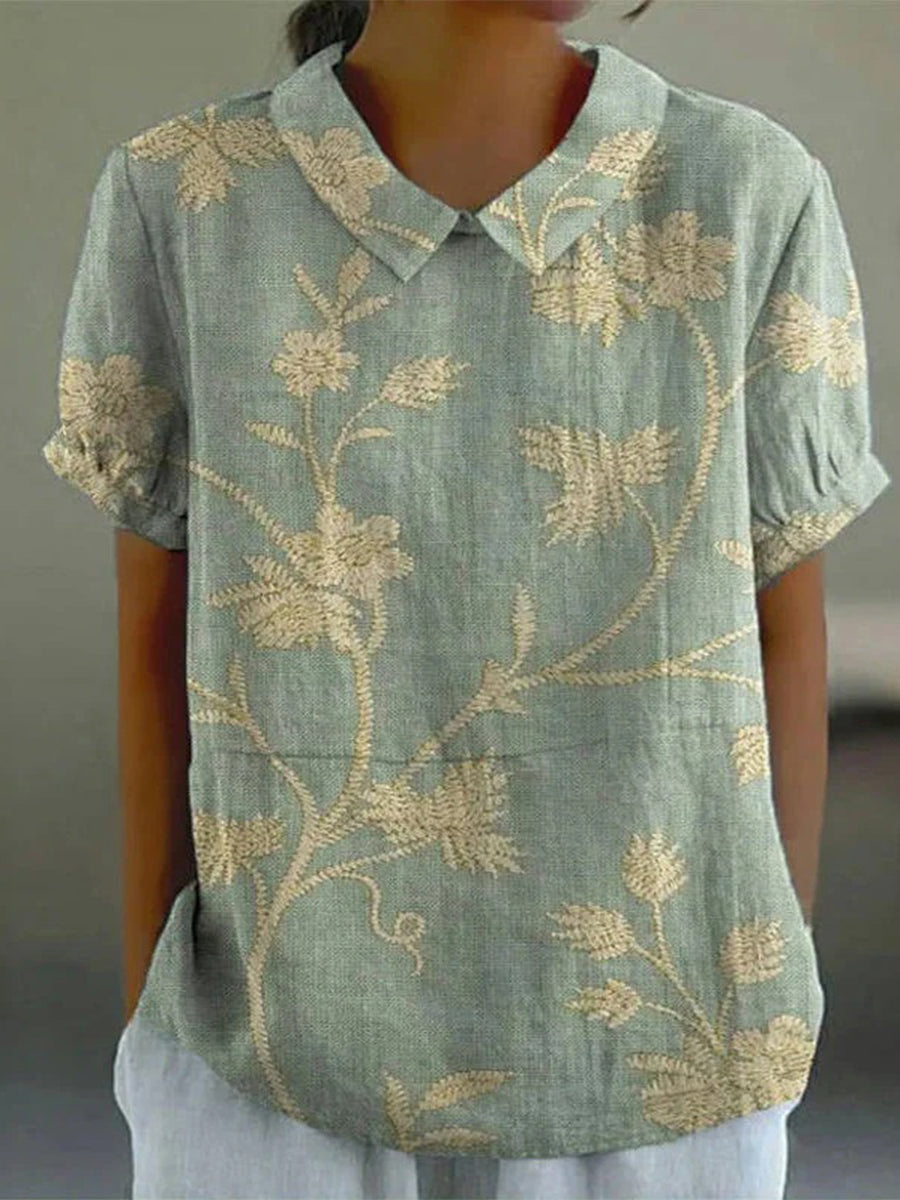 Vintage Floral Print Short Sleeve Blouse