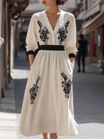 Chic Side Pocket V-Neck Long Sleeve Midi Dress