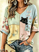 Vintage Floral Print V-neck 3/4 Sleeve Blouse