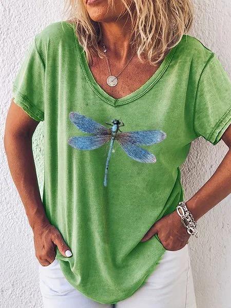 Women's Casual V-Neck Dragonfly Print Short Sleeve T-Shirt Top