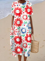 Women's Vintage Floral Art Print Short Sleeve Crew Neck Dress