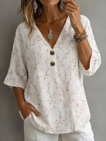 V Neck Half Sleeve Floral Regular Micro-Elasticity Loose Blouse