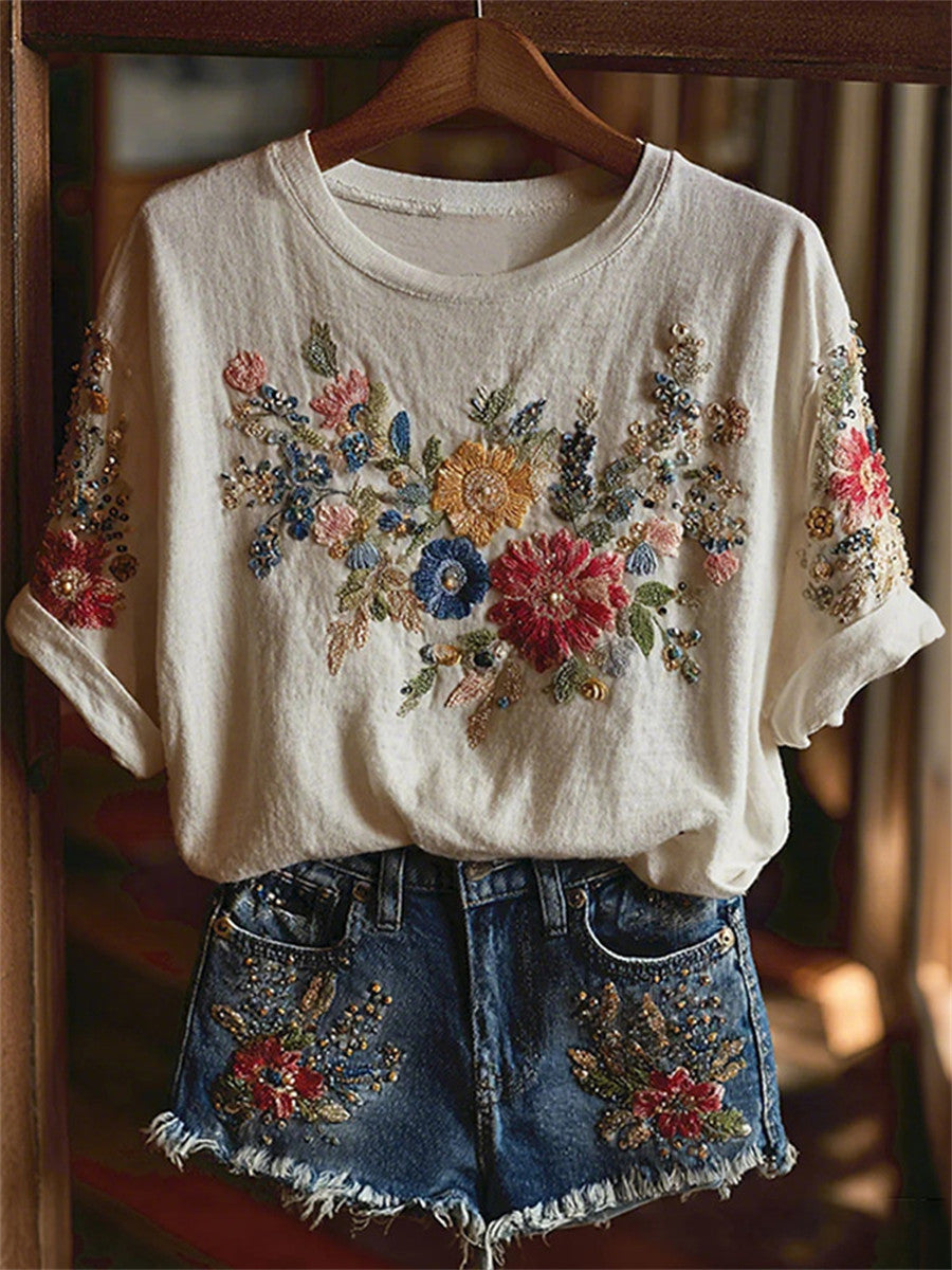 Vintage Floral Art Casual Round Neck Short Sleeve T-shirt
