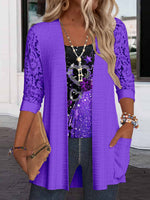 Women Long Sleeve Scoop Neck Love Printed Two-Pieced Top