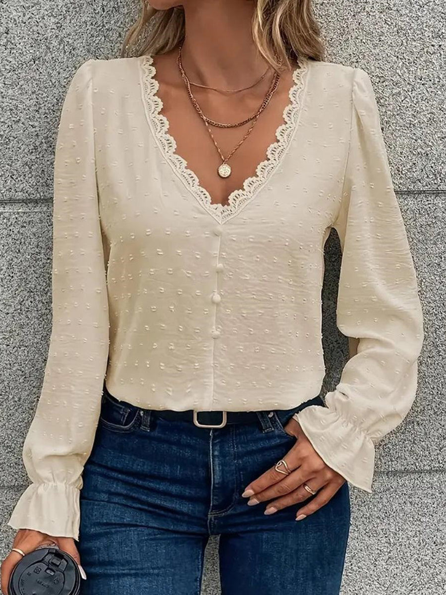 Apricot Plain V-neck Long Sleeve Top