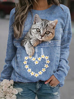 Blue Casual Graphic Tops Round Neck Long Sleeve Cat Printed Sweatshirt