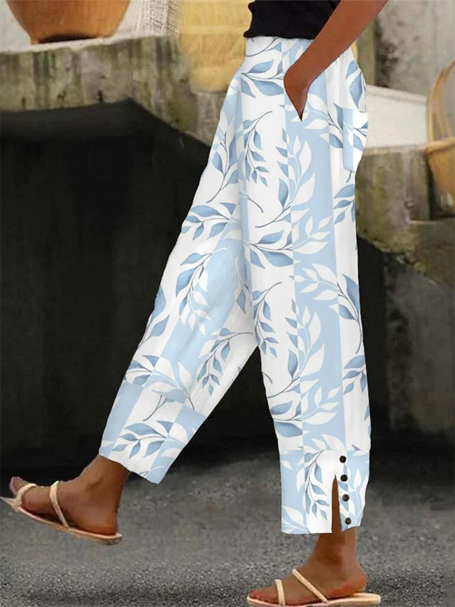 Casual Floral Long Buckle Straight Pants