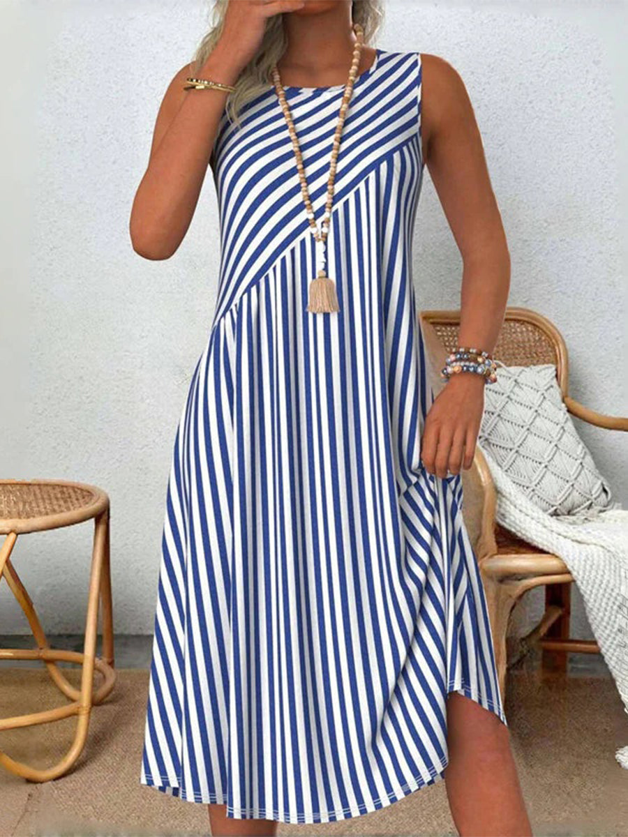 Casual Striped Round Sleeve Sleeveless Summer Dress