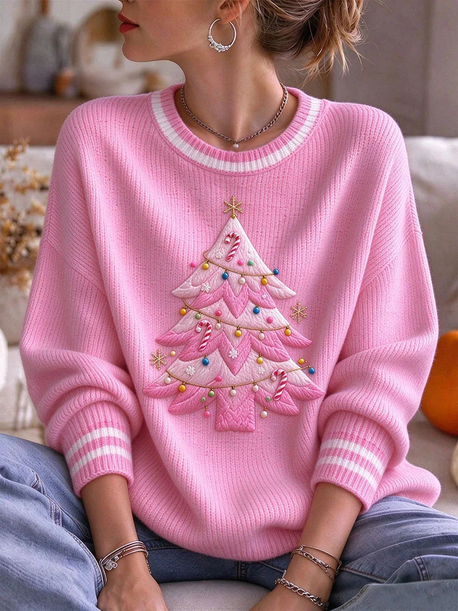 Women's Pink Christmas Tree Round Neck Long Sleeve Sweater