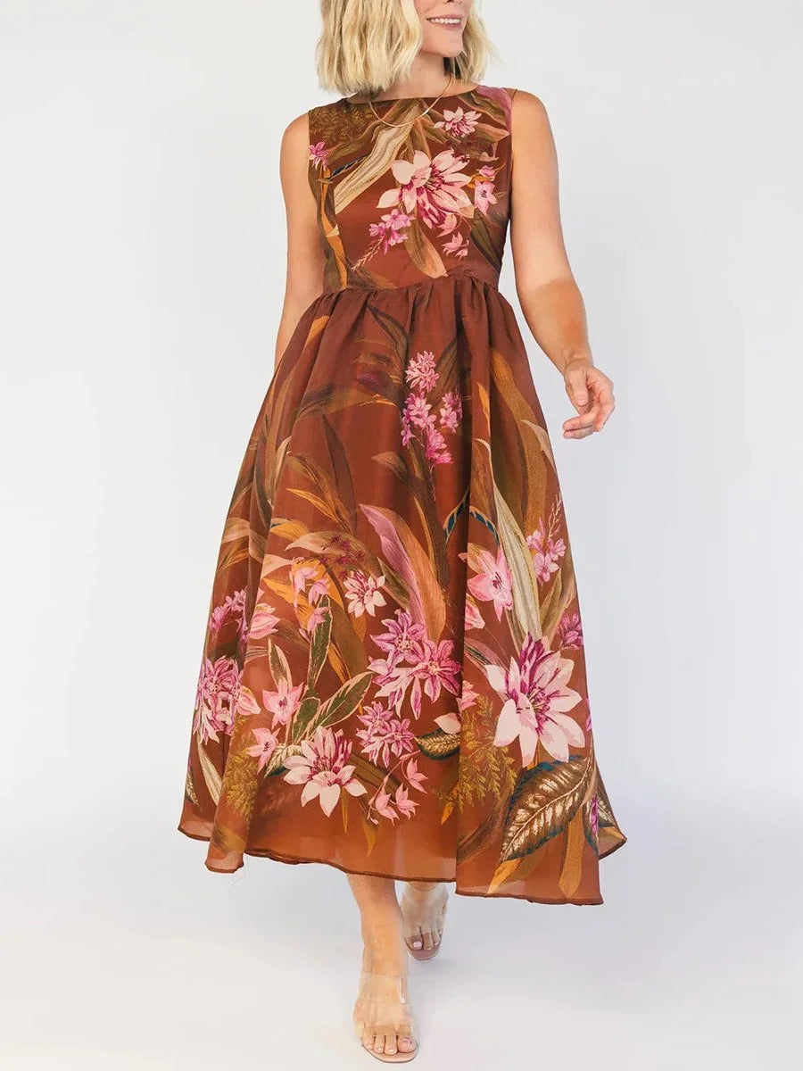 Vintage Brown Tropical Floral Sleeveless A-Line Midi Dress