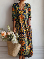 Vintage Ethnic Style V-neck Long Sleeve Dress