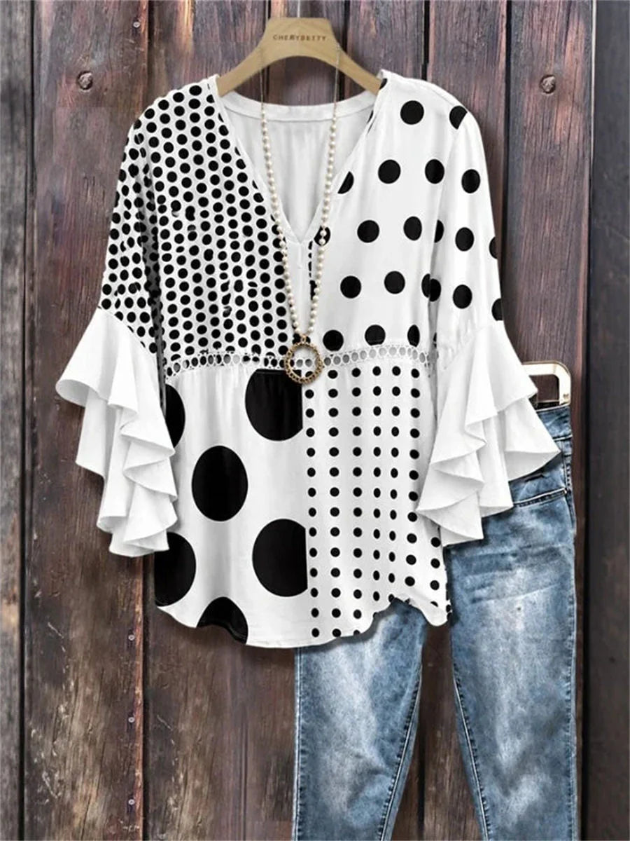 Vintage Polka Dot V-neck 3/4 Sleeve Blouse