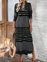 Retro Elegant Striped Splicing Long Sleeve Slit Dress