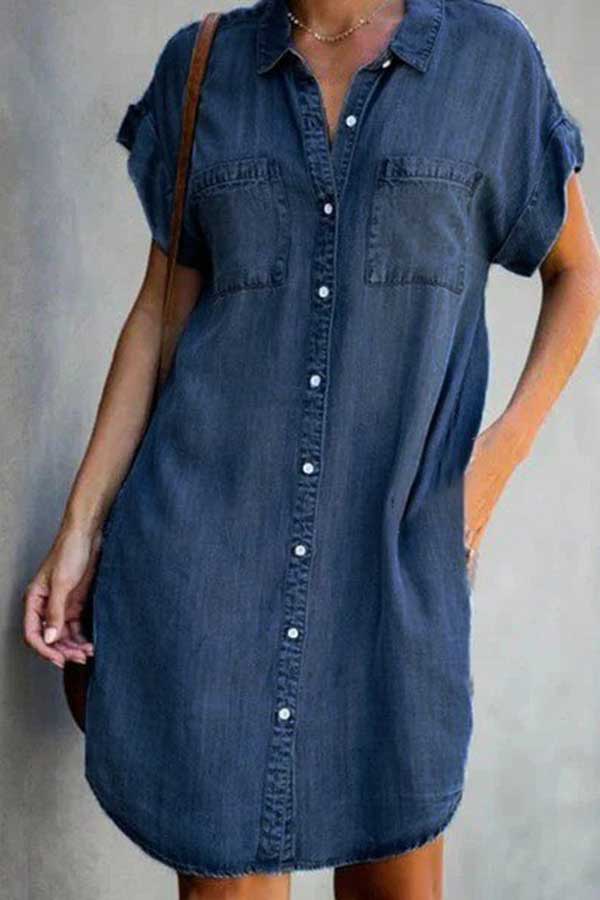 Deep Blue Collared Button Up Casual Shirt Dress