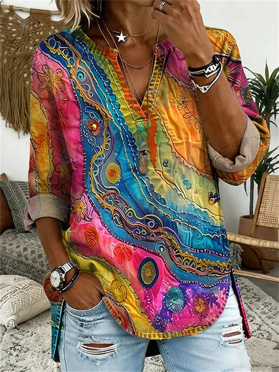 Vintage Colourful V-neck Long Sleeve Blouse