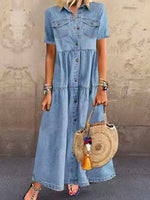 Women's Denim Button-Down Short Sleeve Maxi Dress with Pockets