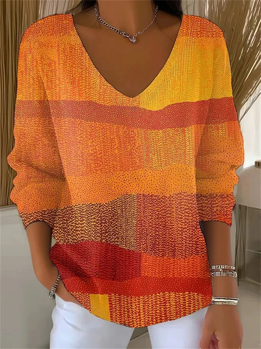 Orange V Neck Long Sleeve Casual Sweater