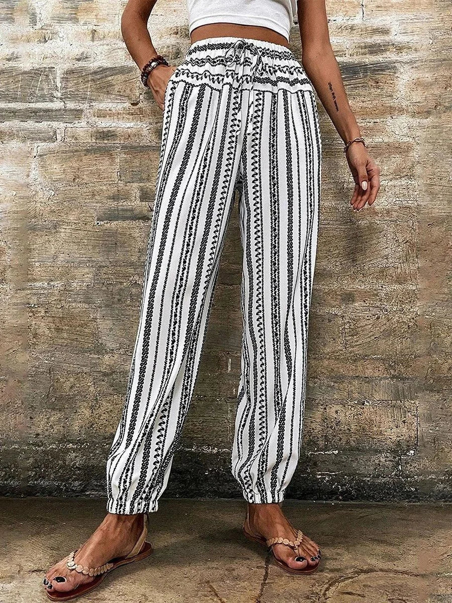 Black White Ethnic Stripe Drawstring High Waist Jogger Pants