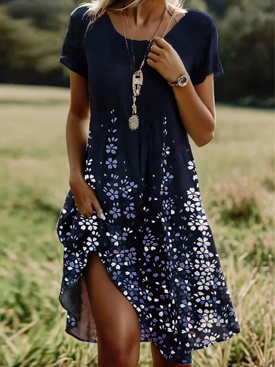 Navy Round Neck Short Sleeve Floral Print Midi Dress