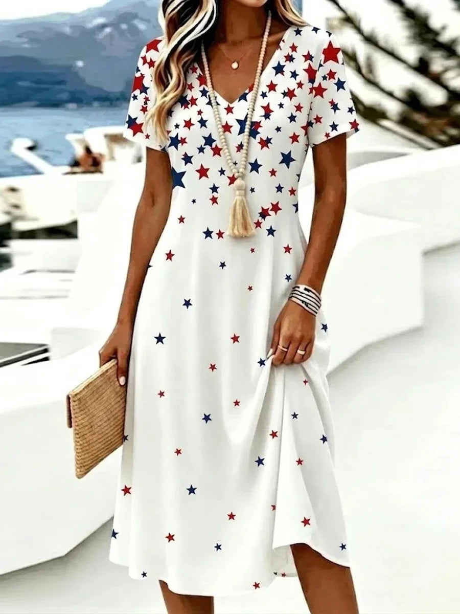 Red Blue Star Print V-Neck Short Sleeve Casual Midi Dress