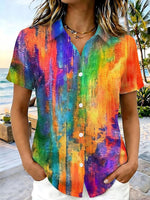 Multicolor Abstract Art Print Short Sleeve Button-Down Shirt
