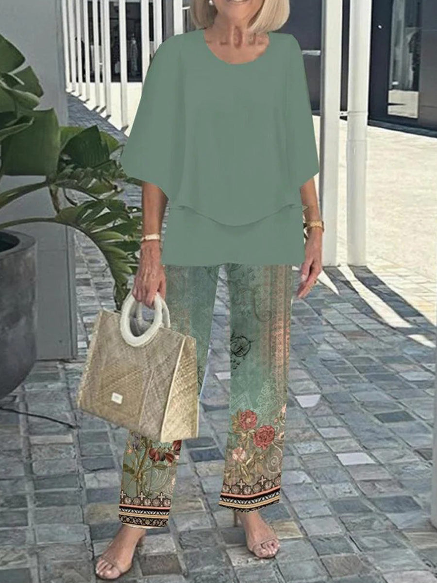 Stylish Green Floral Print Round Neck 3/4 Sleeve Two Piece Set