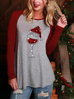 Casual Christmas Wine Glass Print Long Sleeve T-shirt