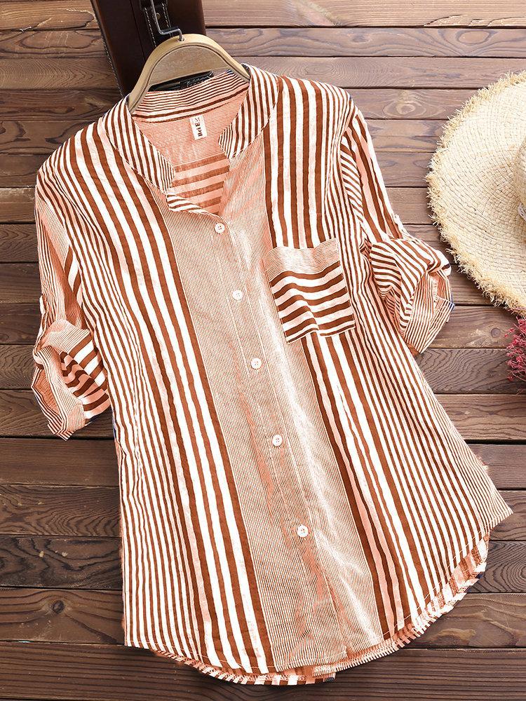 Women's Casual Striped 3/4 Sleeve Button-Down Blouse