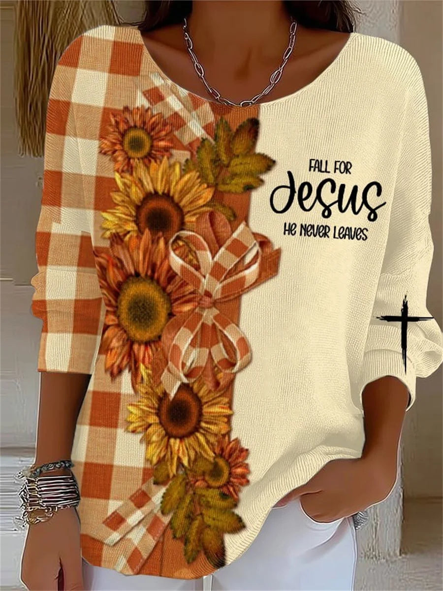Fall For Jesus He Never Leaves Print Round Neck Long Sleeve Sweater