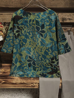 Women's Vintage Leaf Print Half Sleeve Loose Fit Casual Blouse