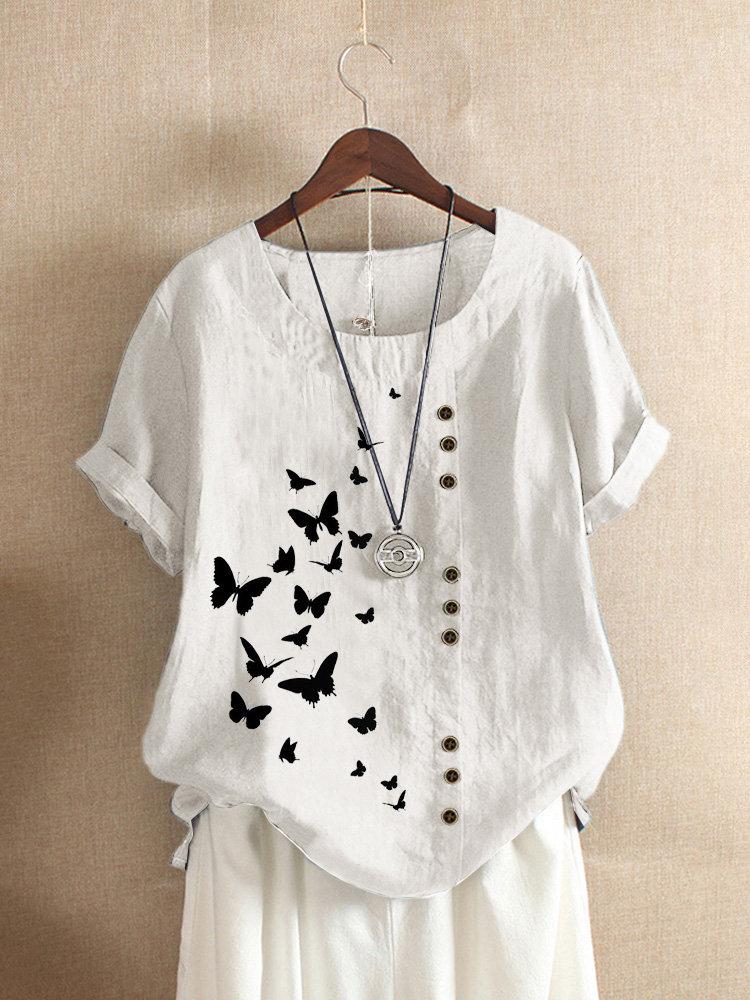Butterflies Print Button Short Sleeve Casual T-shirt