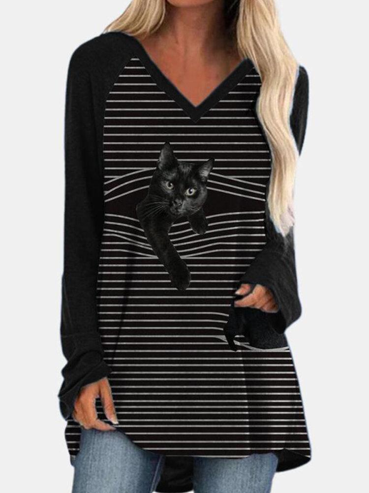 Black Stripe Cat Print V-neck Long Sleeve Blouse