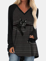 Black Stripe Cat Print V-neck Long Sleeve Blouse