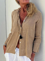 Casual Plain Shirt Collar Button Down Linen Breathable Long Sleeve Blouse
