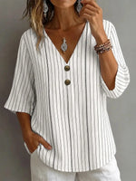 White Stripe V-Neck 3/4 Sleeve Blouse
