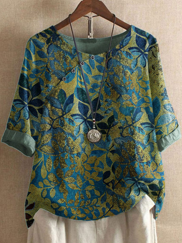 Women's Vintage Leaf Print Half Sleeve Loose Fit Casual Blouse