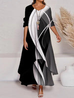 Casual Color Block Crew Neck 3/4 Sleeve Maxi Dress