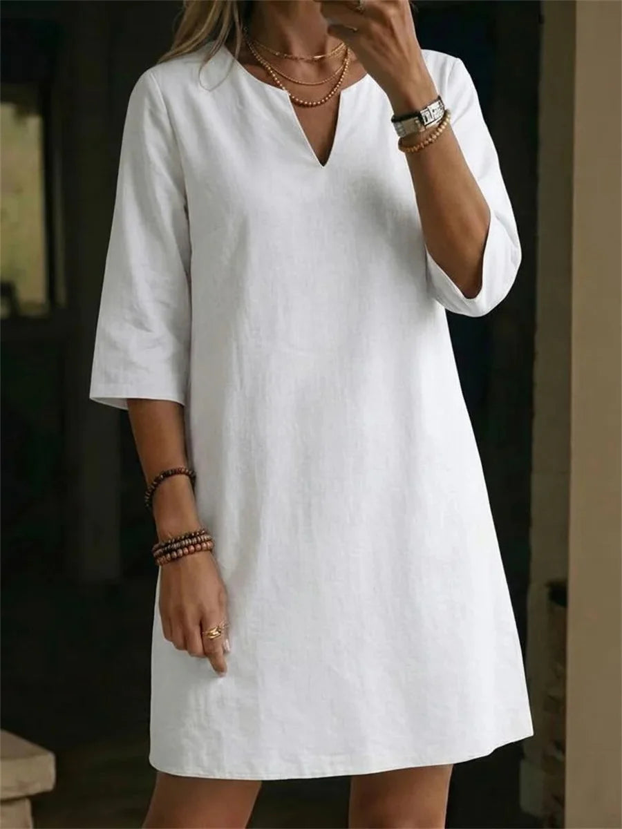 White Solid V-neck Three-Quarter Sleeve Dress