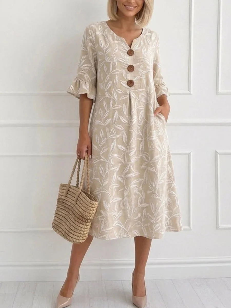 Elegant Beige Leaf Print Half Sleeve Midi Dress