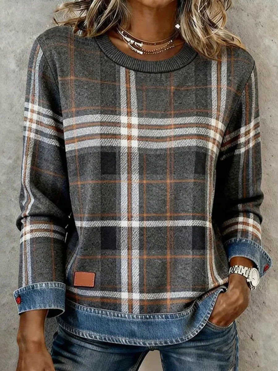 Grey Plaid Long Sleeve Round Neck Top