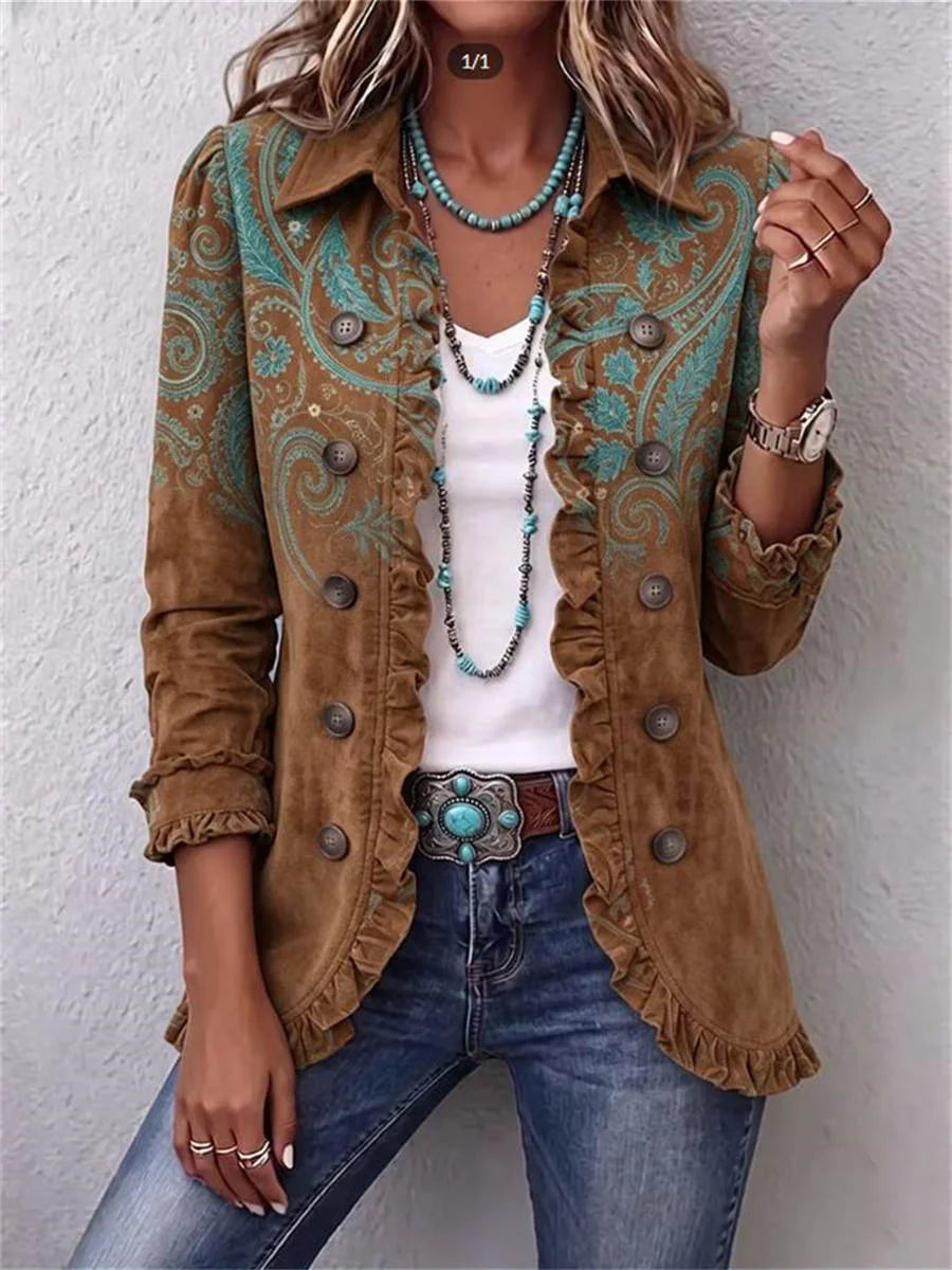 Western Pattern Print Ruffle Long Sleeve Jacket