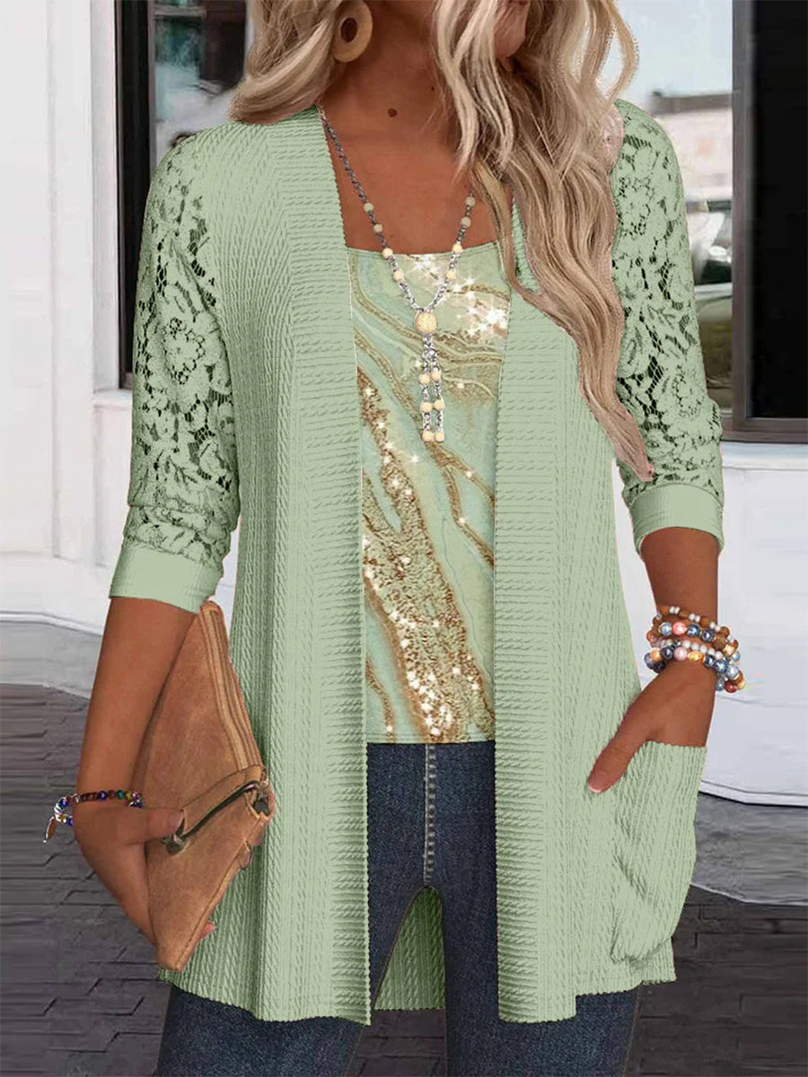 Women Long Sleeve Scoop Neck Striped Printed Graphic Pockets Lace Two-Pieced Tops